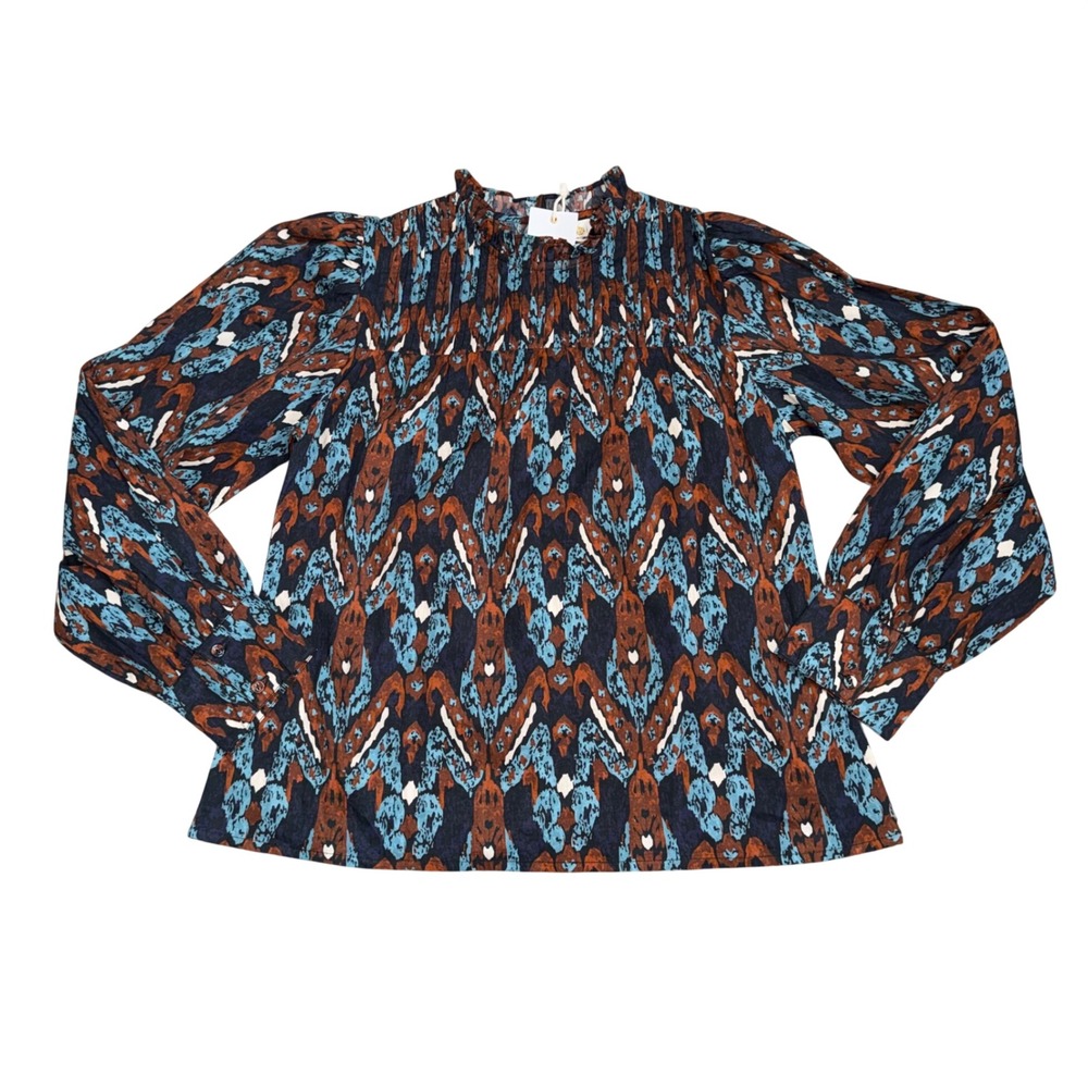 Bindu Malia Top Womens XS Blue Brown NWT Smocked Ikat Cotton Blouse